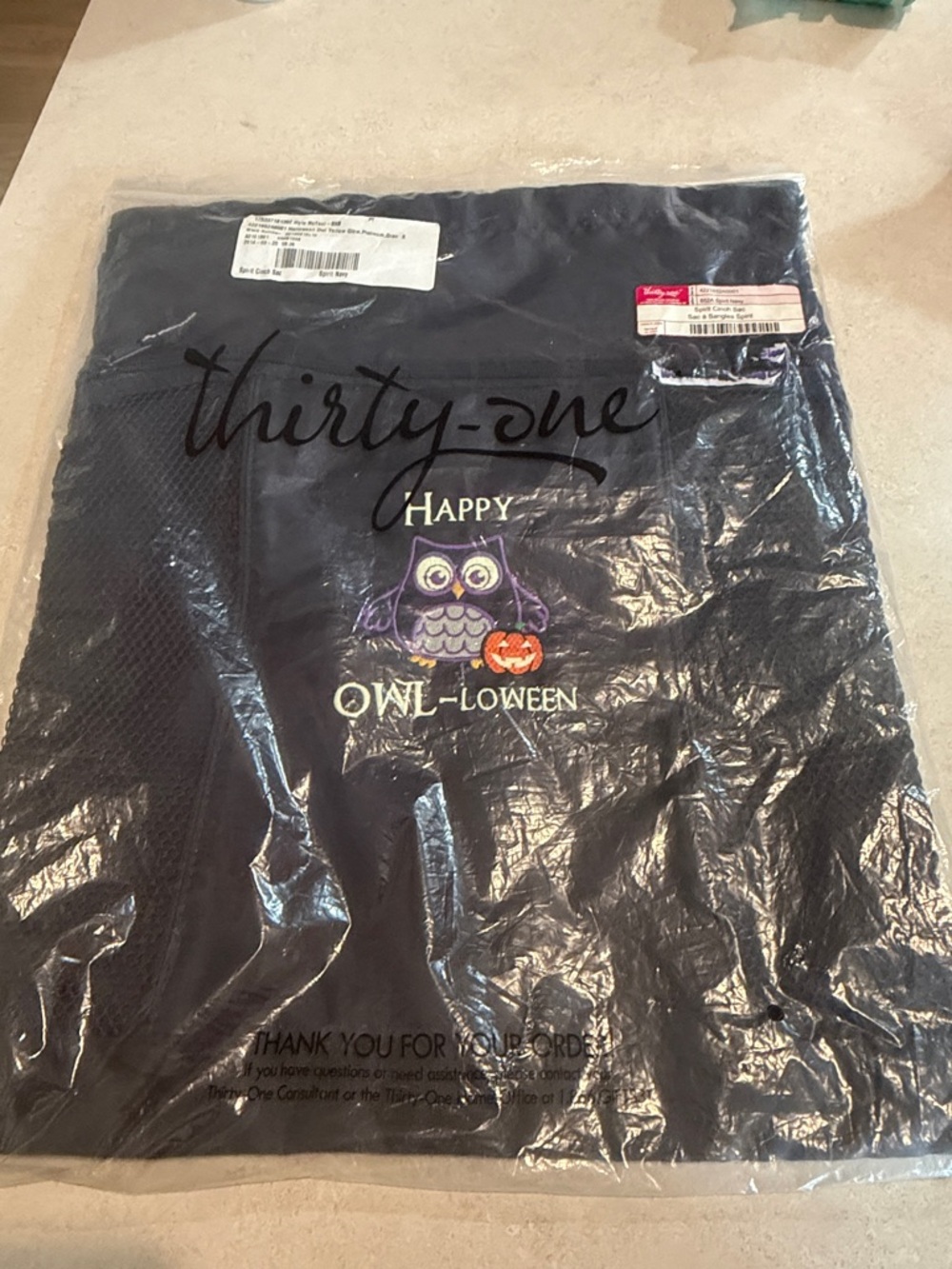 thirty-one Black Tote with Purple Owl and Orange Pumpkin Cinch Sac